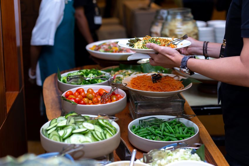 Catering buffet food indoors in luxury restaurants with colorful fruits and vegetables